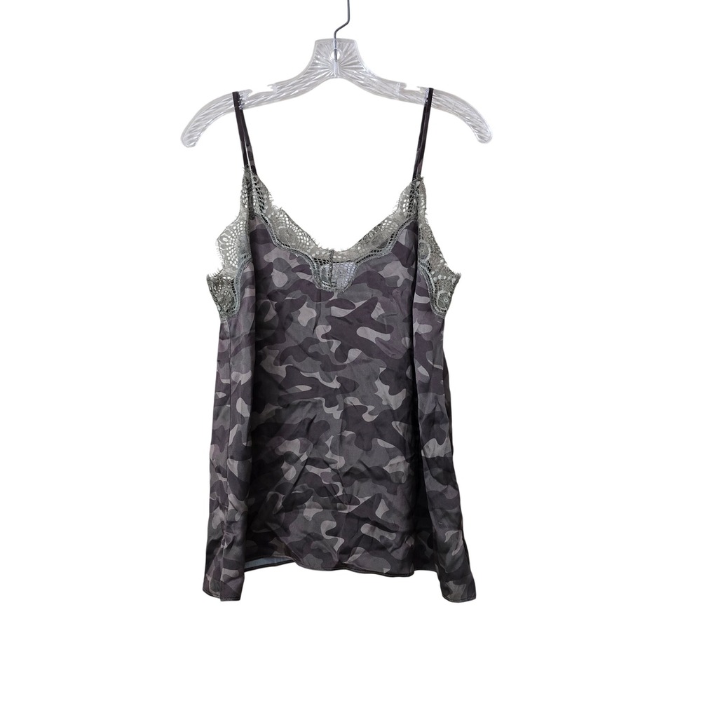 Camo Print Satin Lace Trim Camisole Top Grey Green Adjustable Straps